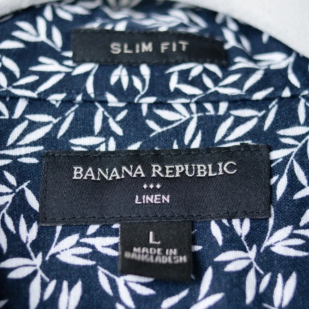 Banana Republic Linen Cotton Shirt Mens Large Blue Slim Fit Leaf Print Button Up